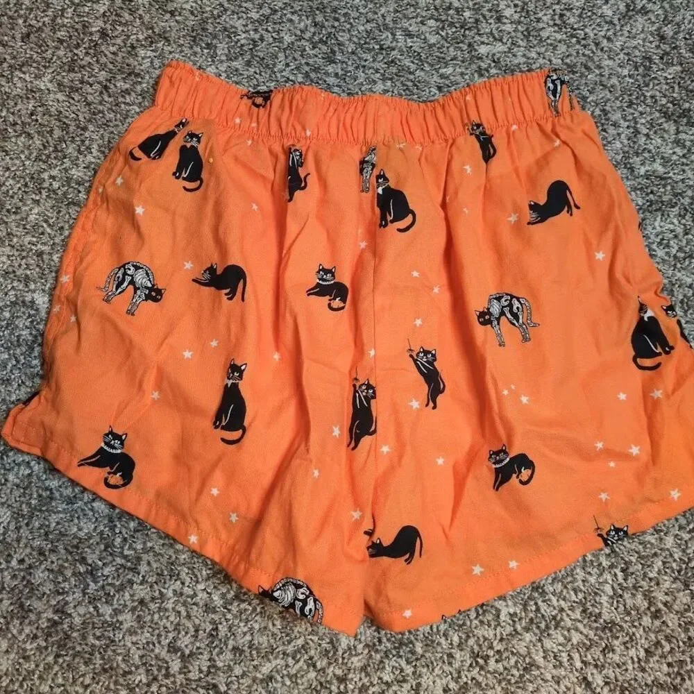 Hyde & EEK Black Cat Sleep Shorts Women XS Halloween Spooky Gothic Orange Cotton - Picture 4 of 4